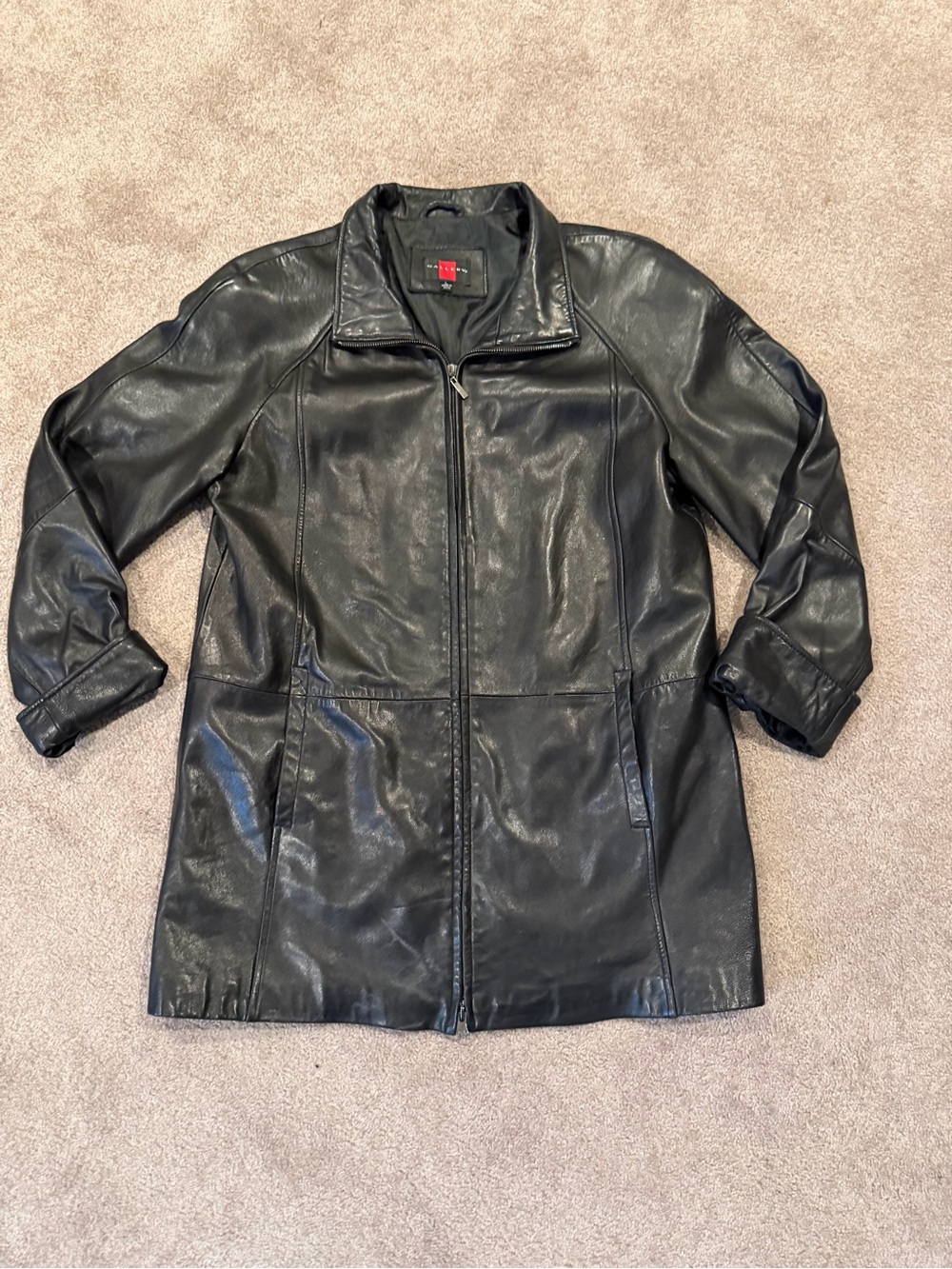 MetroStyle Vintage L Y2K Black Leather Long Zip Coat Jacket